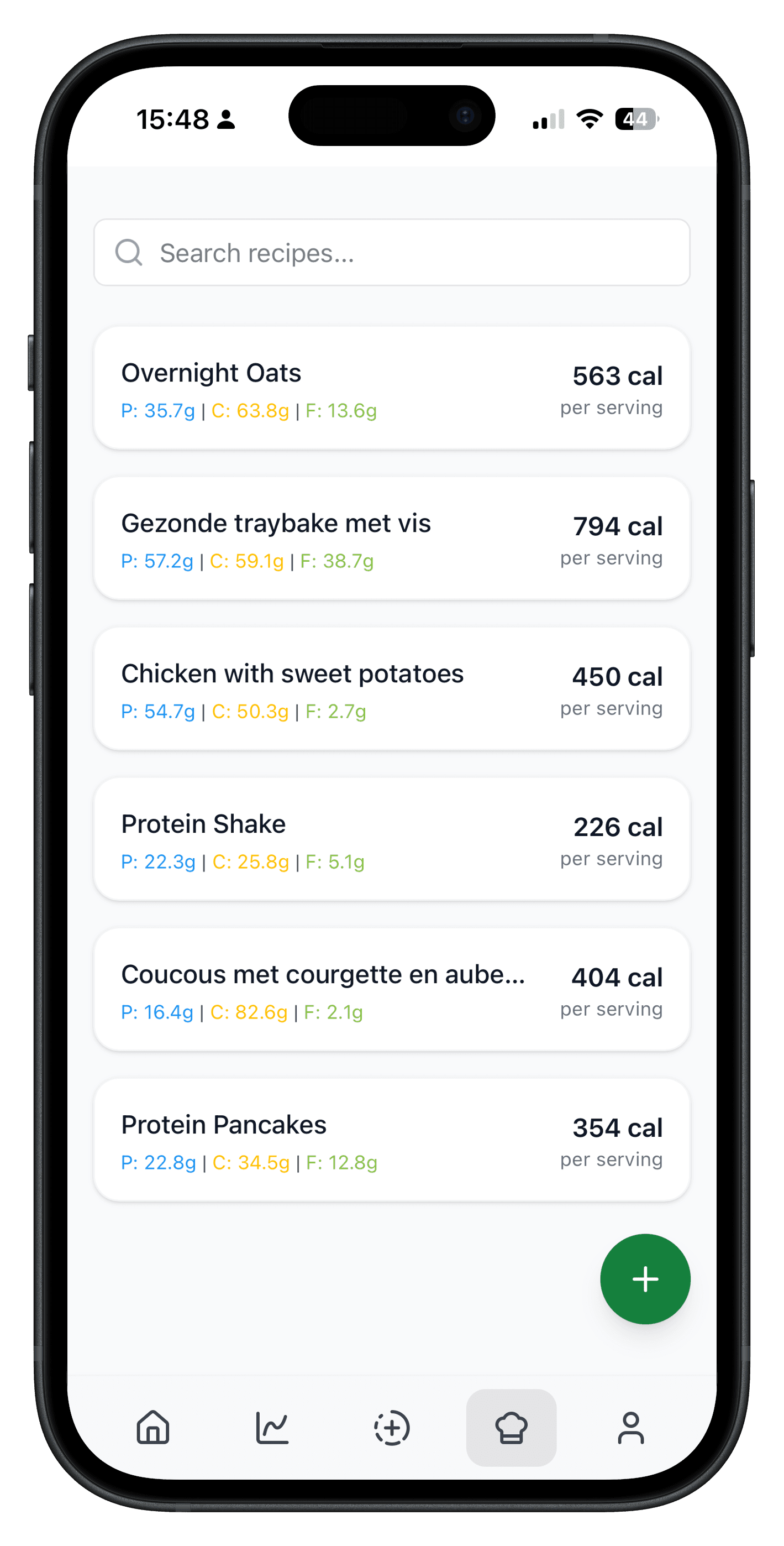 Nutriq recipes screen for creating and managing recipes